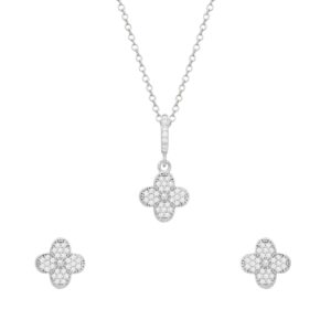 Conjunto Prateado de Trevo Cravejado de Zircônia